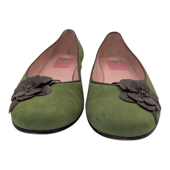 Lilly Pulitzer Olive Green Suede Brown Leather Flower Ballet Flats Women's 8.5 - Picture 4 of 12